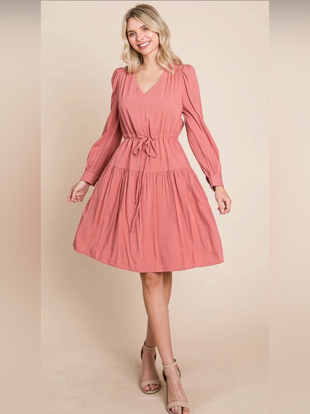Roly Poly NWOT Deep Pink V-Neck Long Sleeve Tie-Waist Dress Small